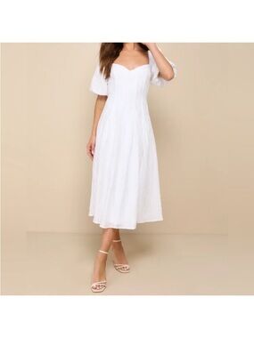 Lulus Heavenly Energy size Medium White Textured Puff Sleeve Pleated Midi Dress